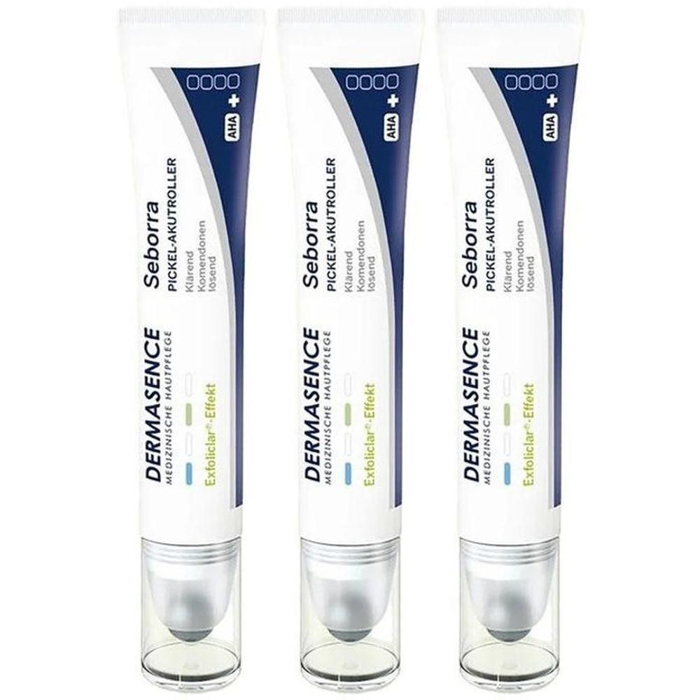Drie Dermasence Seborra Anti-Acné roll-ons met AHA+ en ExfoliControl-effect.