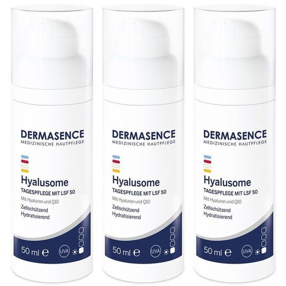 Trois flacons pompe Dermasence Hyalusome Crème de Jour SPF50, 50 ml chacun.
