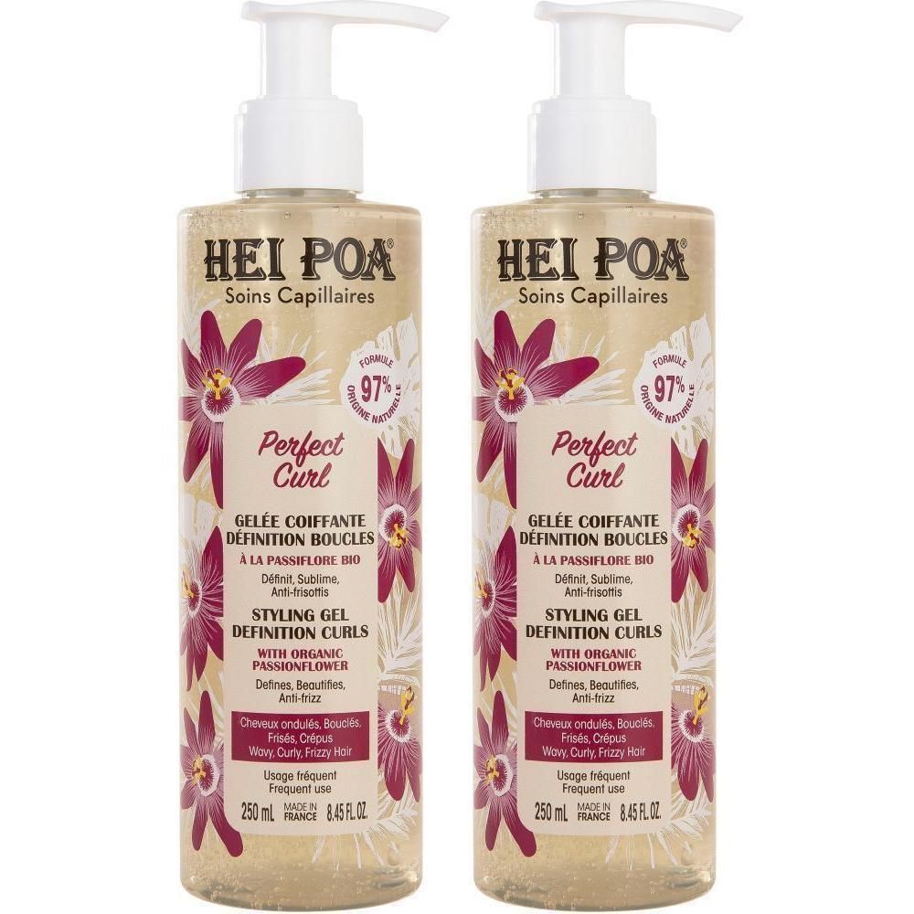 Twee flacons Hei Poa Perfect Curl Styling Gel met pompen. Heldere geltextuur met bloemenpatroon.