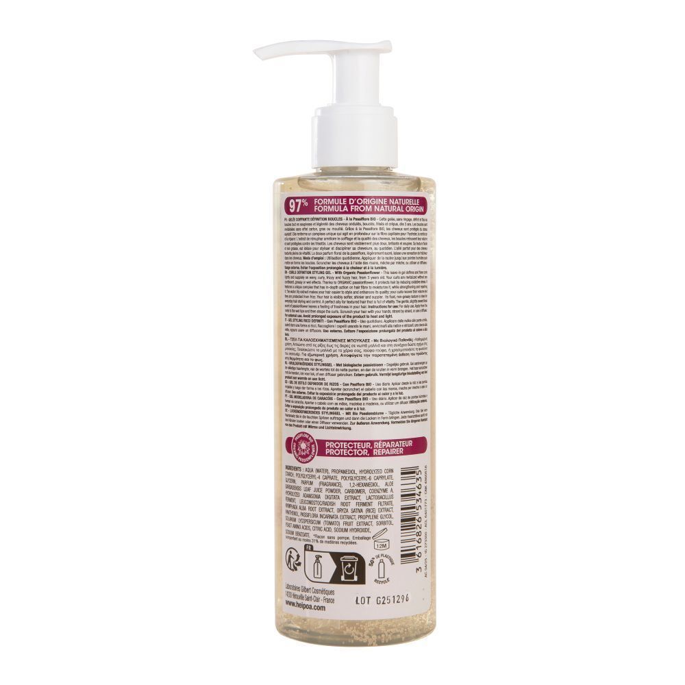 Achterkant van een flacon Hei Poa Perfect Curl Styling Gel. Bevat informatie en instructies.
