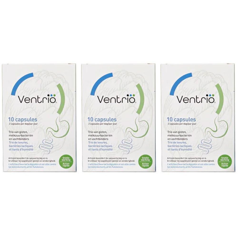 Trois boîtes Ventribio Ventrio de 10 capsules chacune. L'emballage présente un schéma du système digestif.