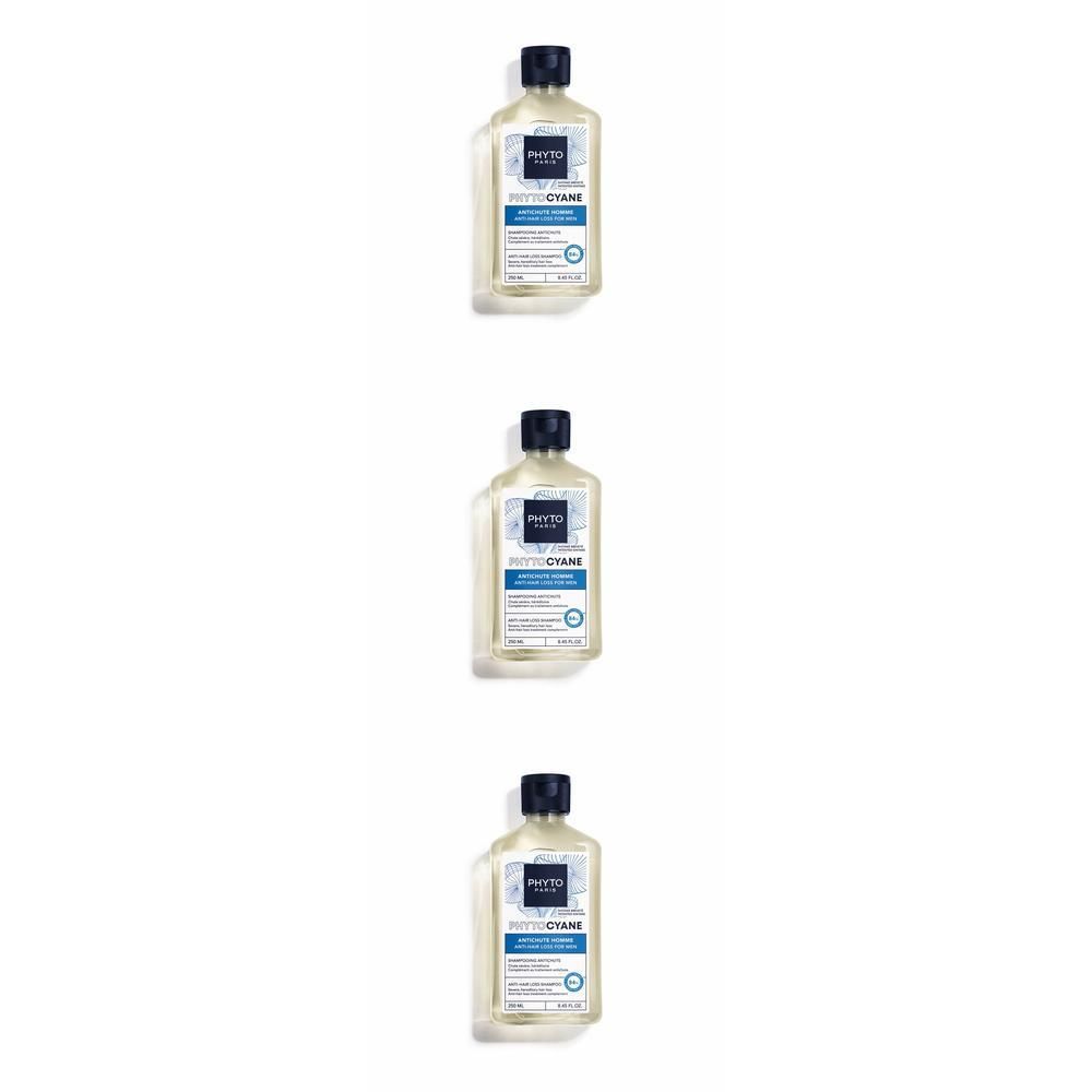 Drie flessen Phytocyane Men Shampooing Revigorant met blauwe dop.