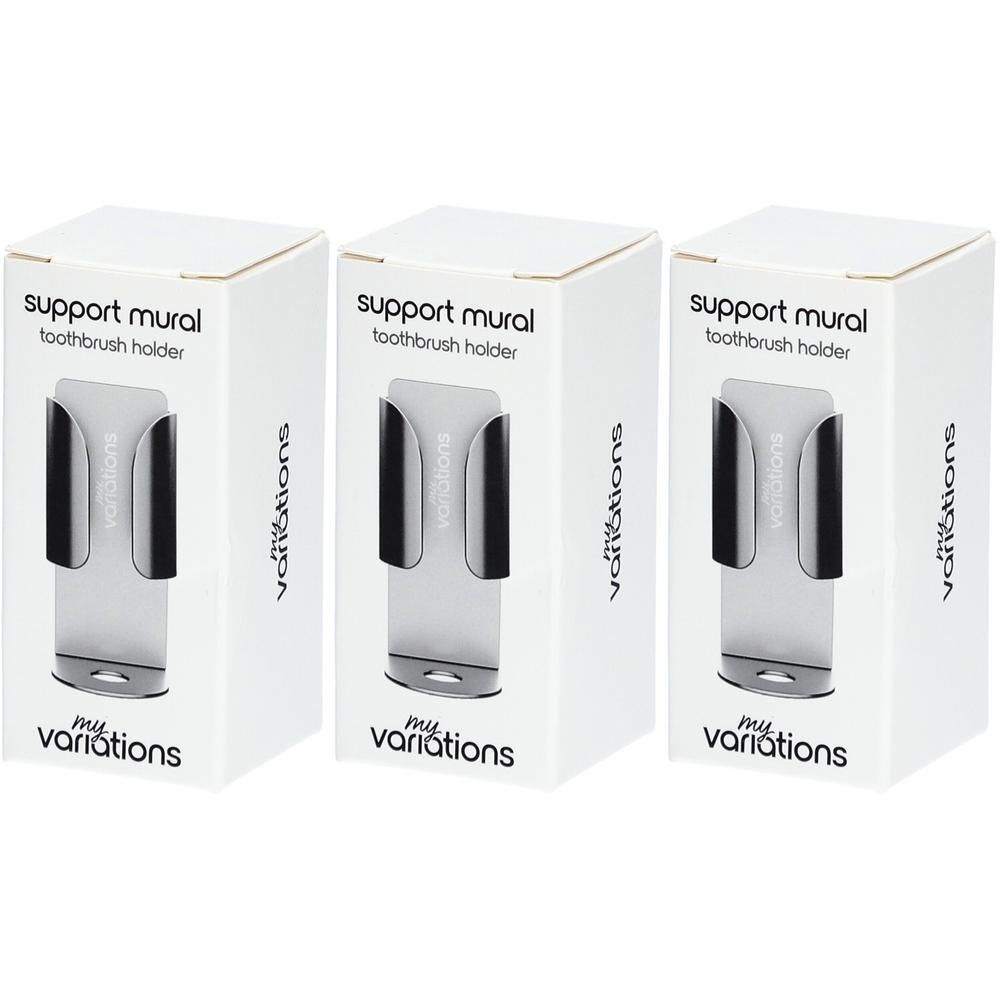 Trois boîtes pour le support de brosse à dents MyVariations Support Mural. Le support est argenté avec des pinces noires.