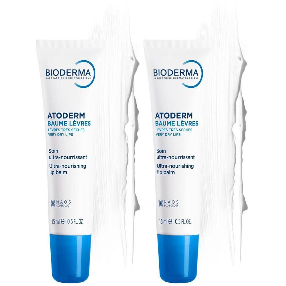 Twee Bioderma Atoderm lippenbalsem tubes met blauwe dop.