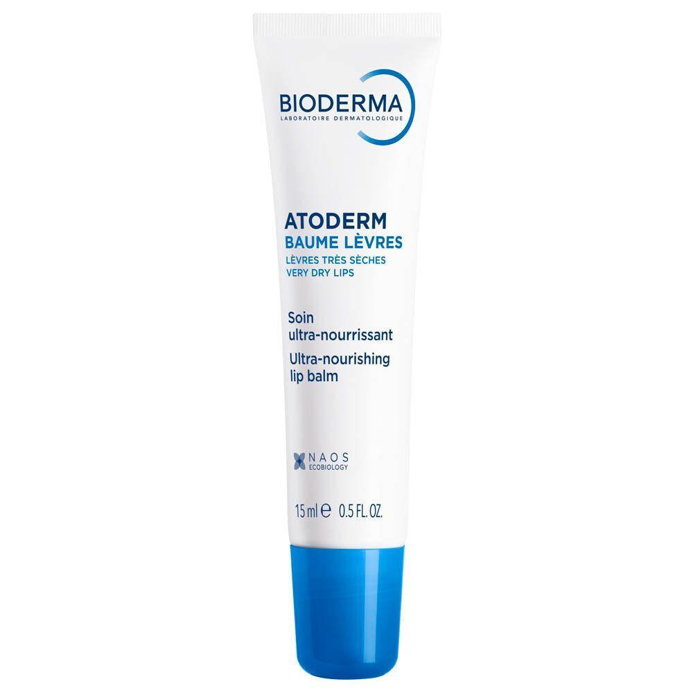 Un tube de baume à lèvres Bioderma Atoderm avec bouchon bleu.
