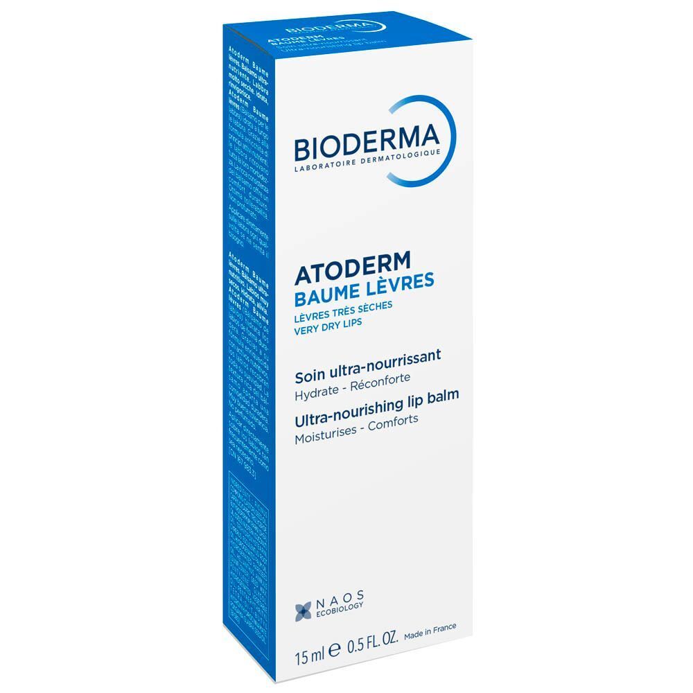 Emballage du baume à lèvres Bioderma Atoderm dans une boîte blanche.
