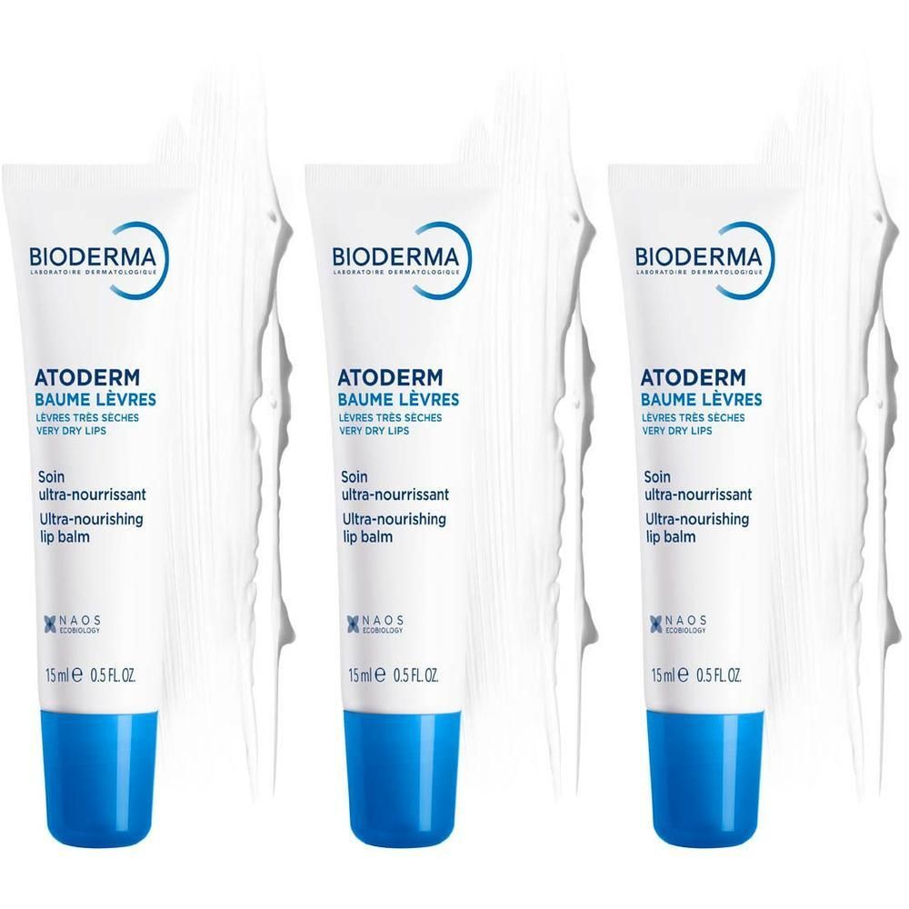 Trois tubes de baume à lèvres Bioderma Atoderm avec bouchon bleu.
