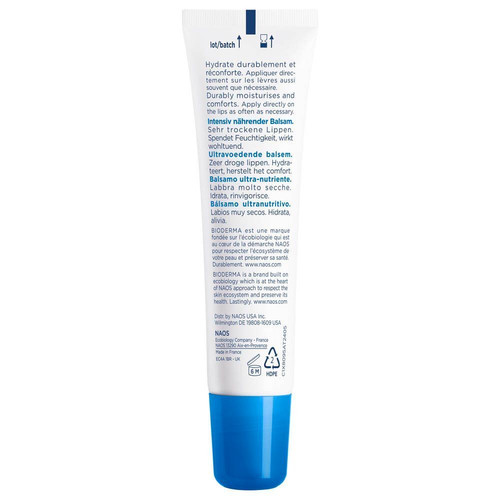 Arrière d'un tube de baume à lèvres Bioderma Atoderm avec instructions.