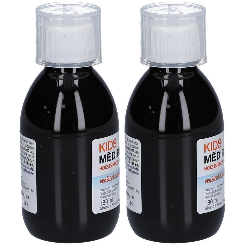 Twee zwarte flessen hoestsiroop voor kinderen, elk 180 ml.