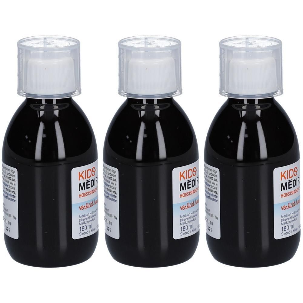 Trois flacons foncés de sirop contre la toux pour enfants, 180 ml chacun.