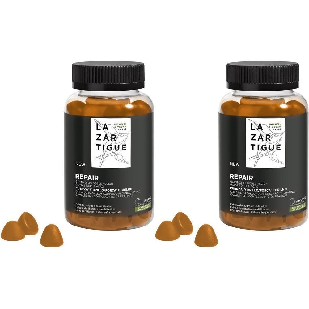 Deux flacons de Lazartigue Repair Gummies avec des bonbons gélifiés devant.