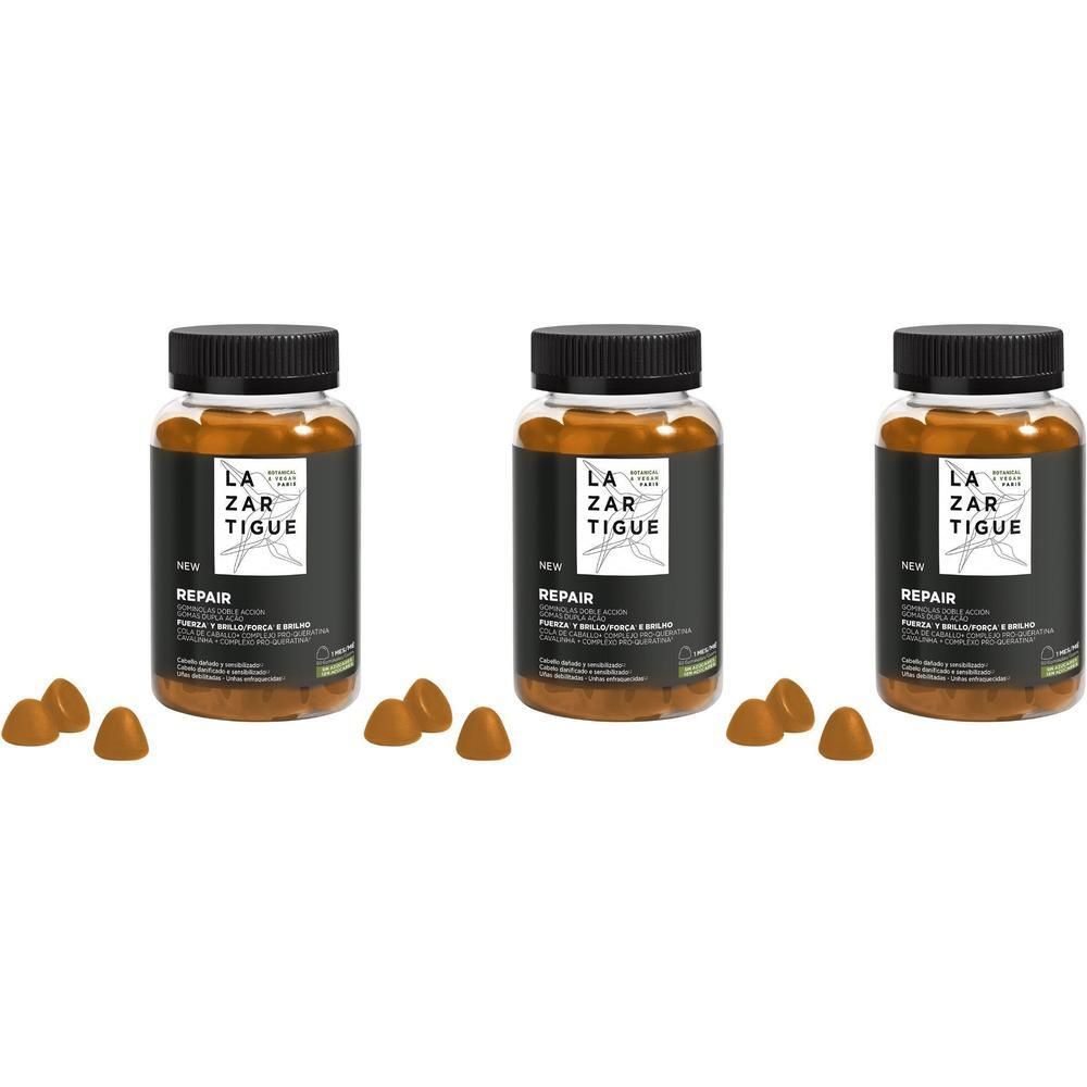 Trois flacons de Lazartigue Repair Gummies, chacun contenant 60 pièces. Des gommes orange sont disposées devant les flacons.