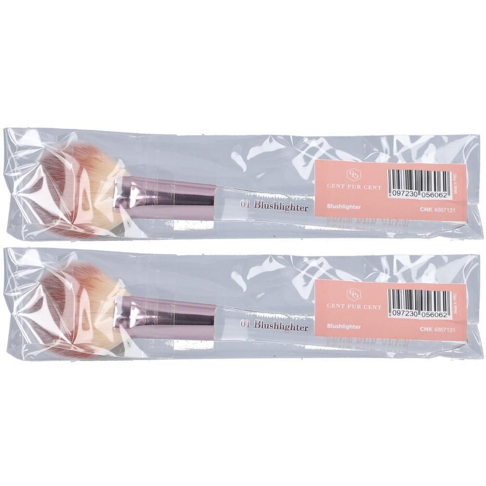 Deux pinceaux Blushlighter avec manches roses et poils blonds, emballés individuellement.