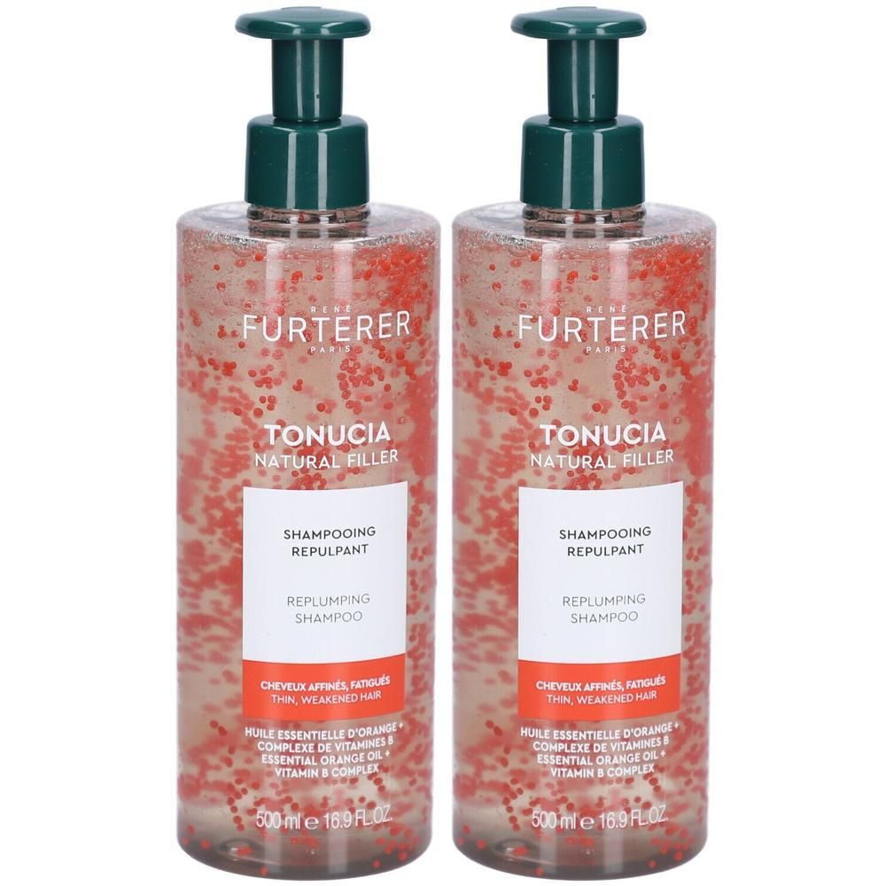Deux flacons de René Furterer Tonucia Shampooing Repulpant avec distributeur. Liquide clair avec particules rouges.