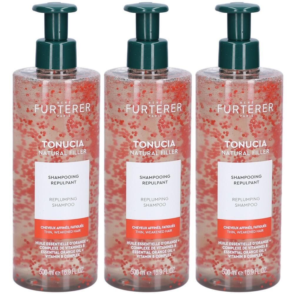 Trois flacons de René Furterer Tonucia Shampooing Repulpant avec pompe. Liquide clair avec particules rouges.