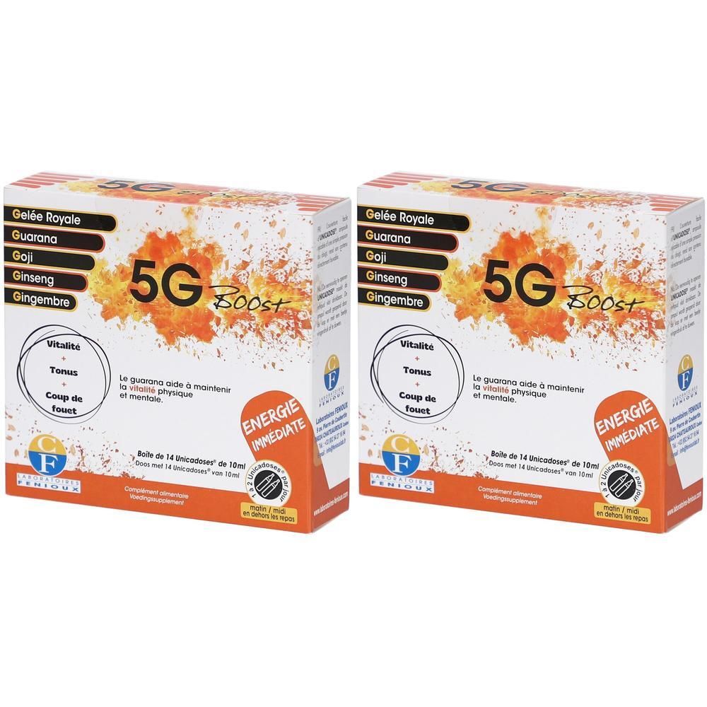 Twee "5G Boost" verpakkingen met Koninginnengelei, Guarana, Goji, Ginseng en Gember.