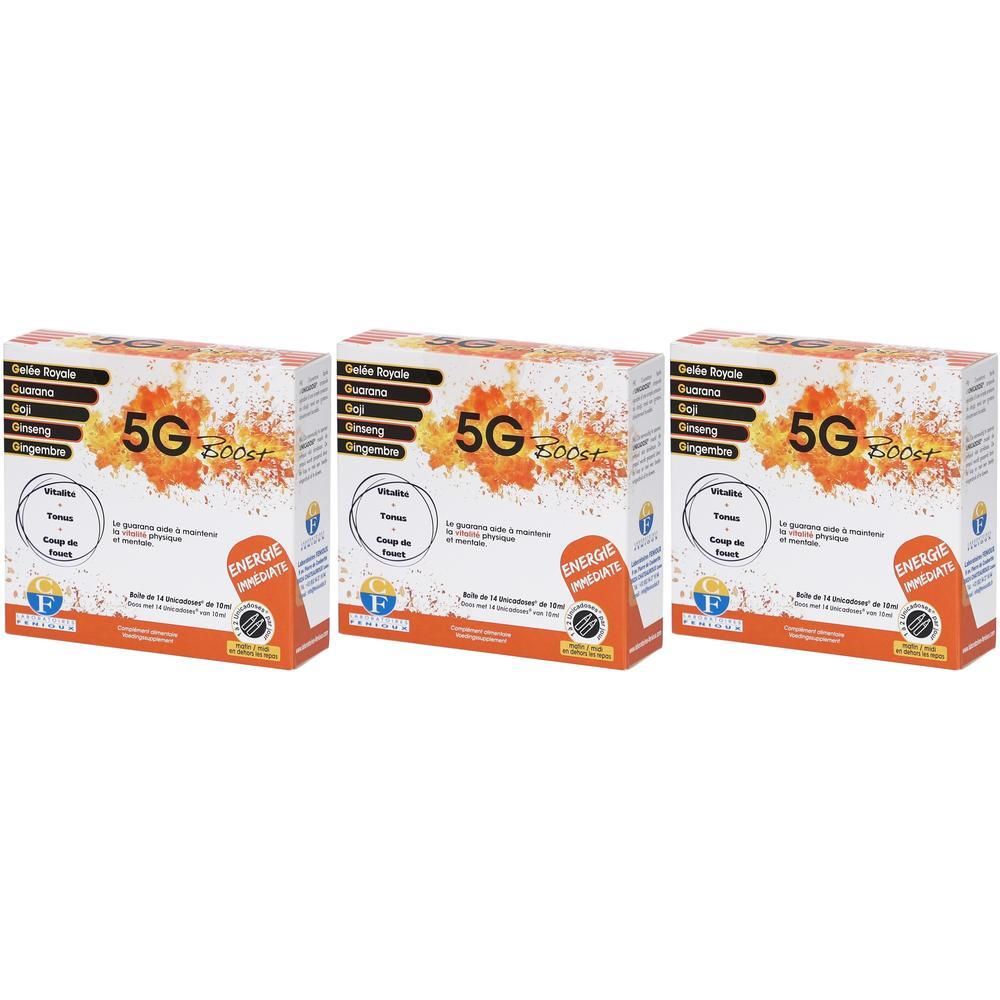 Trois boîtes de '5G Boost' contenant de la gelée royale, du guarana et du ginseng.