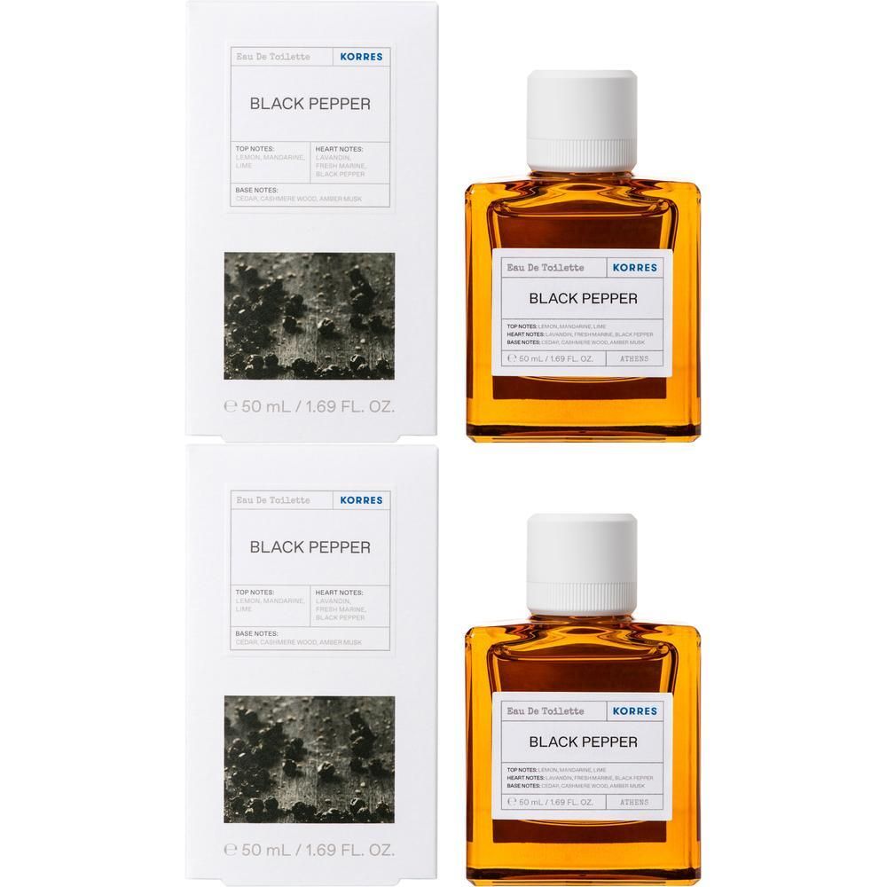 Deux flacons de Korres Black Pepper Eau de Toilette, 50 ml, avec bouchons blancs et boîtes.