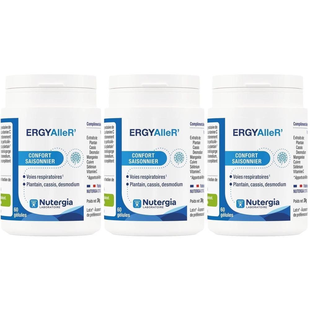 Trois flacons Nutergia Ergybreath pour le confort saisonnier. Chaque flacon contient 60 gélules.