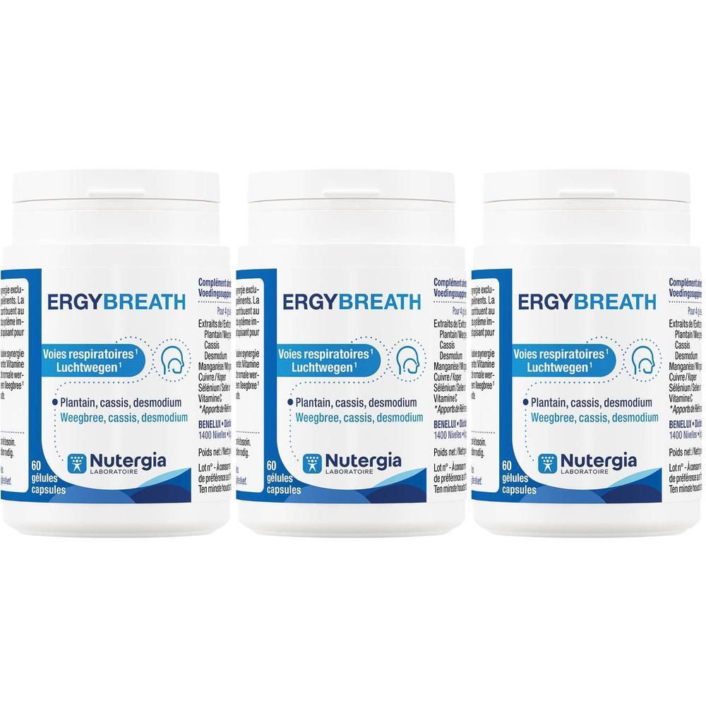 Drie Nutergia Ergybreath potjes voor de luchtwegen. Elke pot bevat 60 capsules.