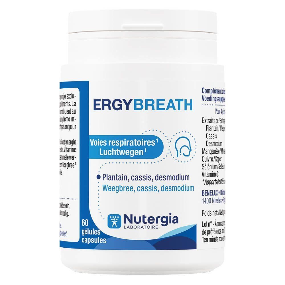Pot met 60 capsules Nutergia Ergybreath voor seizoensgebonden comfort en luchtwegen.