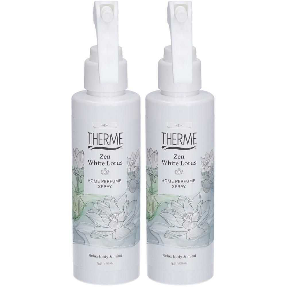 Deux flacons pulvérisateurs blancs pour spray d'ambiance "Zen White Lotus" avec motif de lotus.