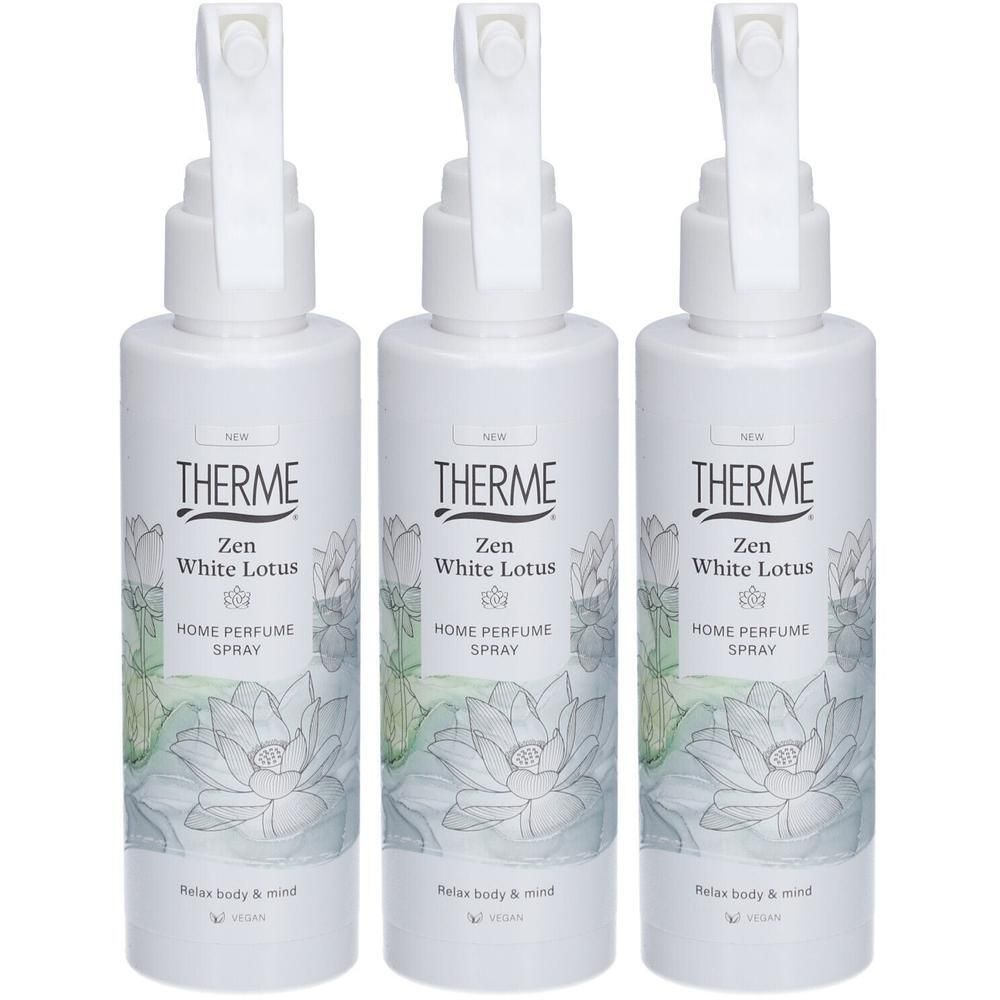 Trois vaporisateurs blancs "Therme Zen White Lotus Home Perfume Spray" avec symbole de lotus.