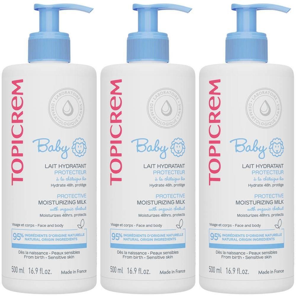 Drie flessen Topicrem Baby Hydraterende Melk met pompdosering. 500 ml.