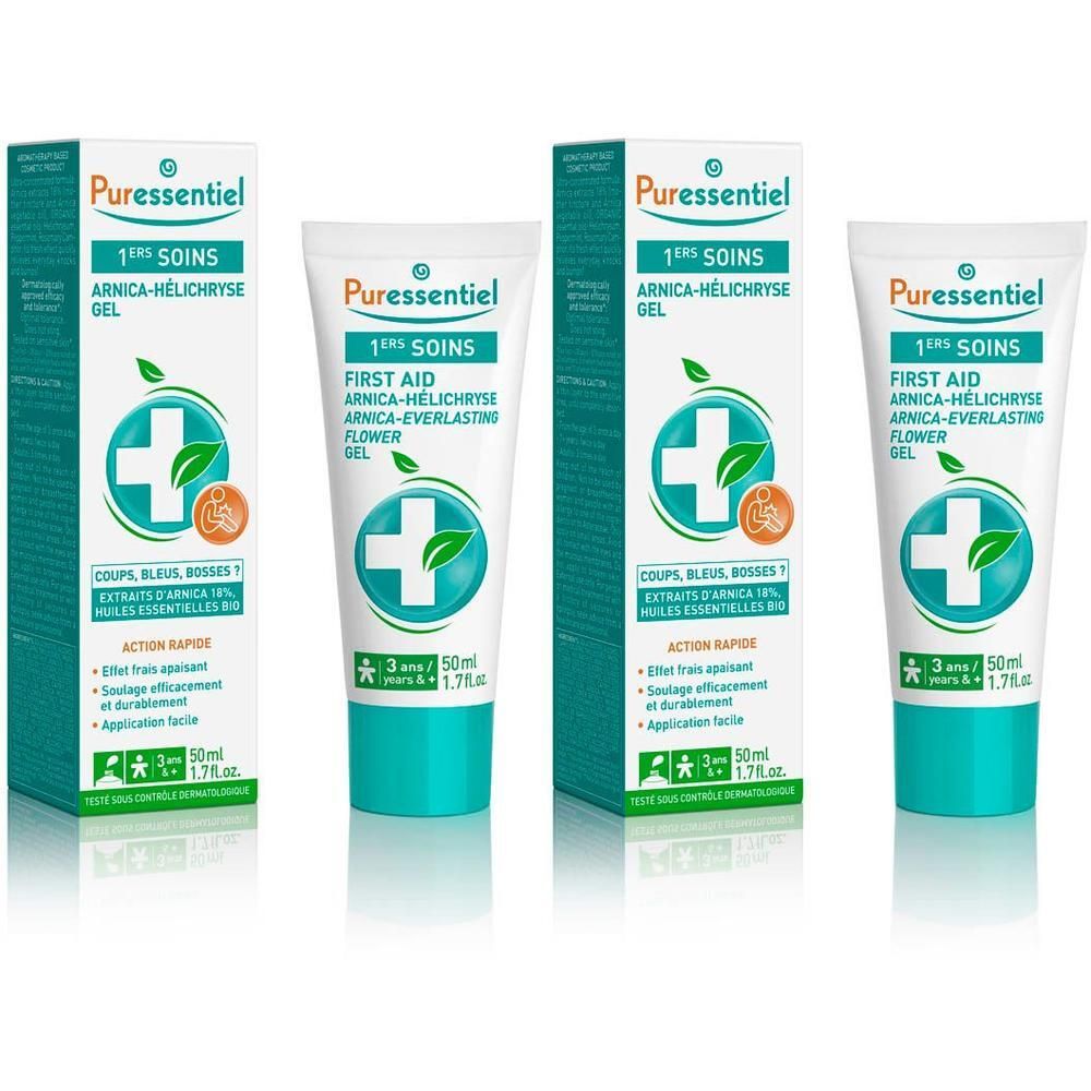 Gel Puressentiel Arnica-Hélichryse en tube de 50ml et son emballage.