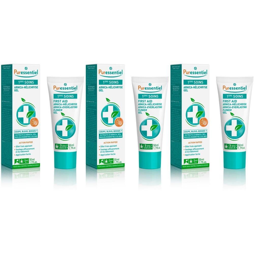 Gel Puressentiel Arnica-Hélichryse en tubes et boîtes. Blanc et turquoise.