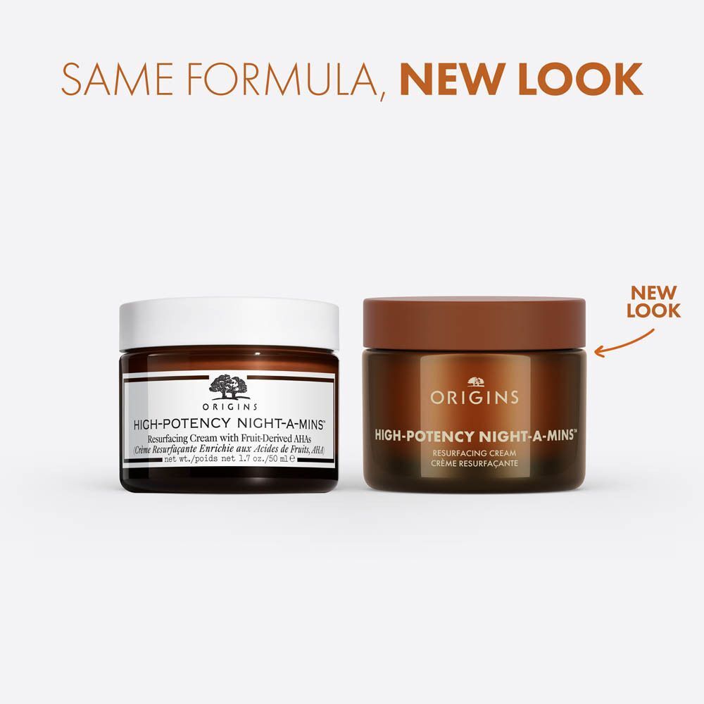 Deux pots de crème resurfaçante Origins High Potency Night-A-Mins, ancien et nouveau conditionnement.