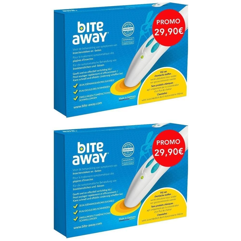 Twee verpakkingen Bite Away® insectenbeetbehandelingsapparaten. Witte pennen met blauwe accenten en geel contactoppervlak.