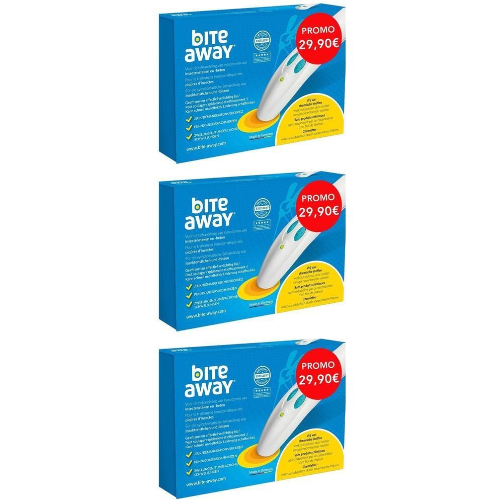 Drie verpakkingen van het Bite Away apparaat met applicator. Promotieprijs 29,90€.