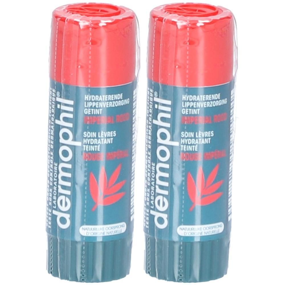 Deux sticks à lèvres Dermophil, rouge et bleu, avec motif feuille.