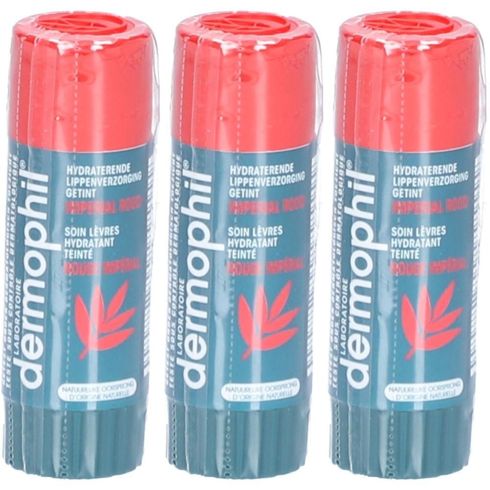 Trois sticks à lèvres Dermophil, rouge et bleu, avec motif feuille. Soin des lèvres hydratant.