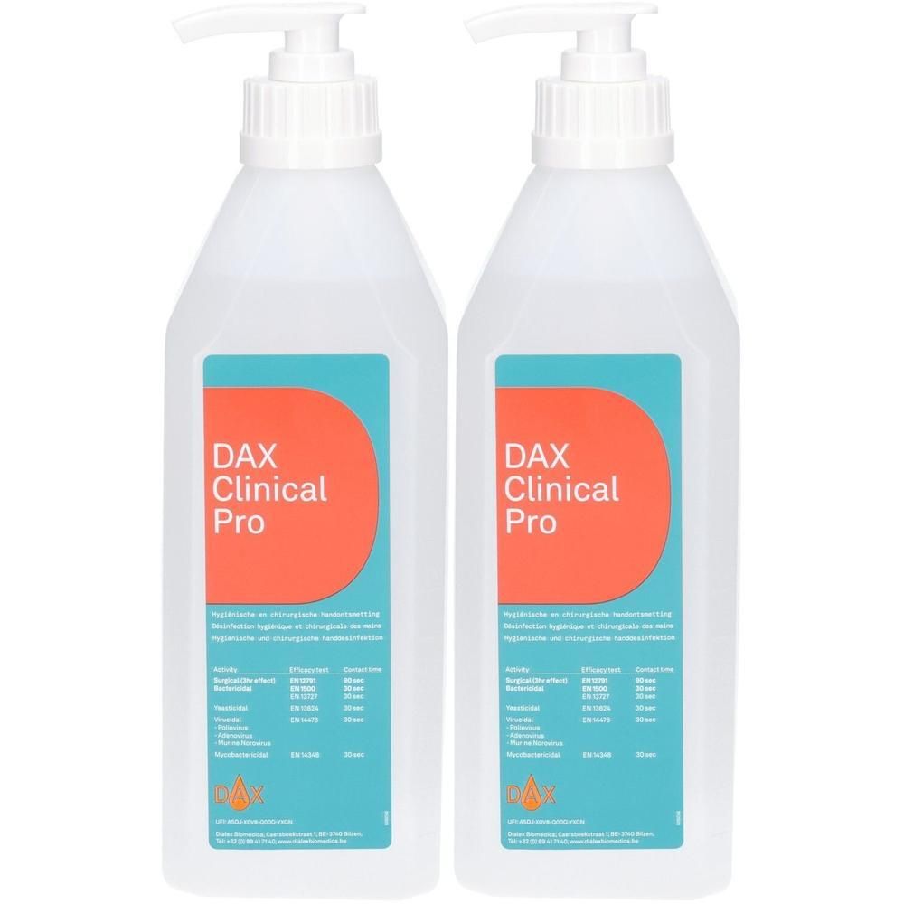 Deux flacons pompe blancs de désinfectant pour les mains DAX Clinical Pro. Liquide clair, étiquettes bleues et oranges.