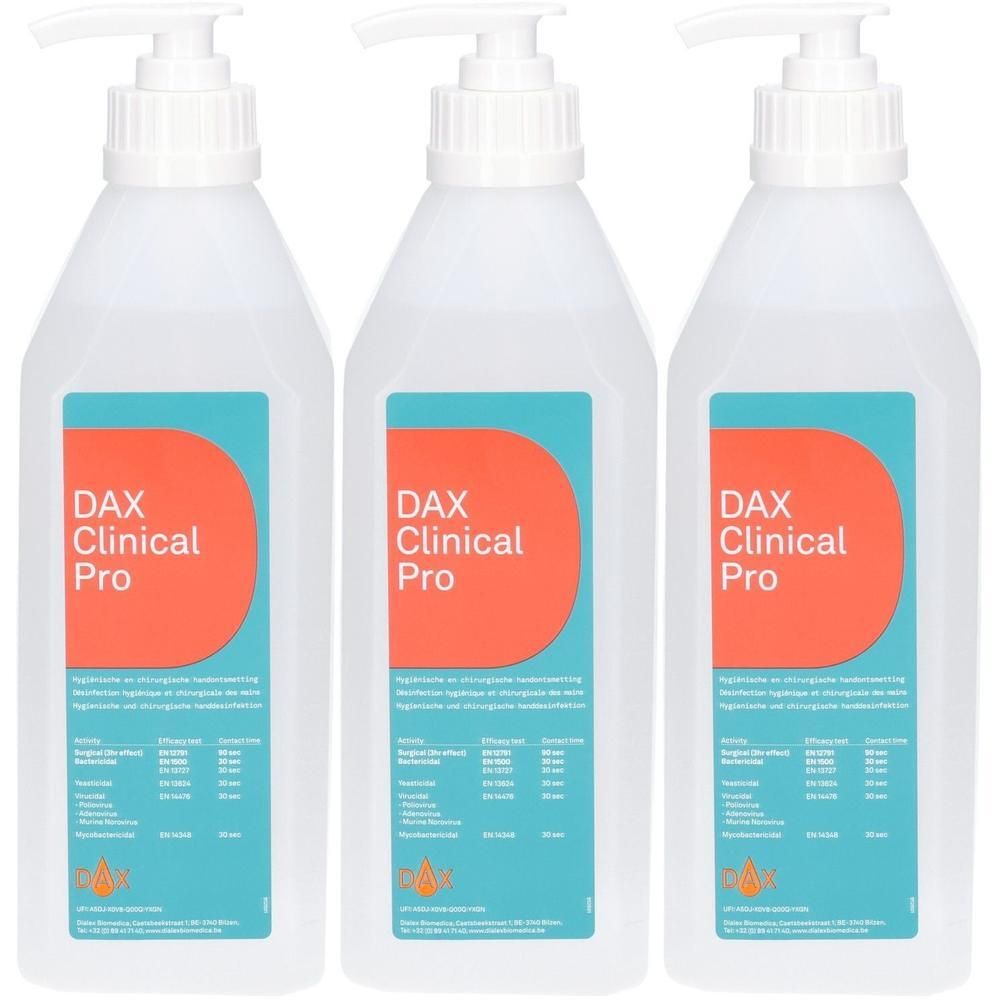 Trois flacons de désinfectant pour les mains Dax Clinical Pro avec distributeurs à pompe. Liquide clair dans des bouteilles blanches en plastique avec des étiquettes bleues et oranges.