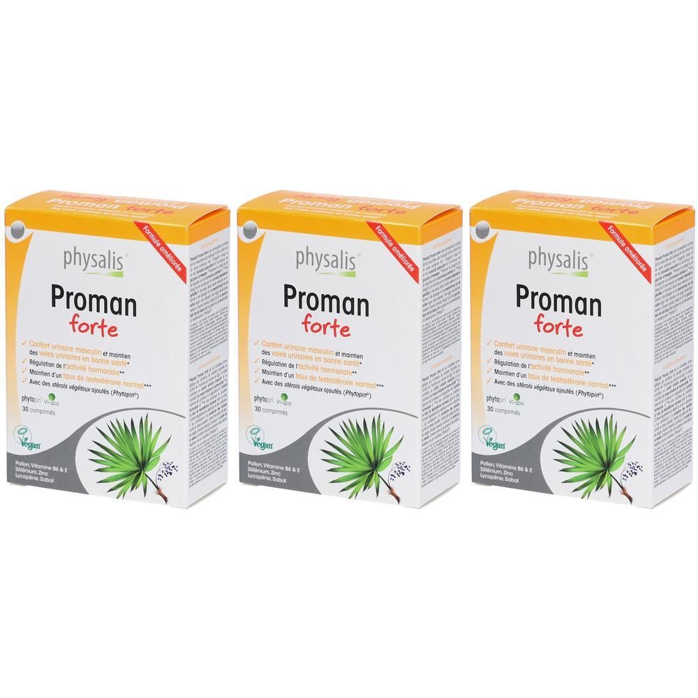 Drie pakken Physalis Proman Forte, voedingssupplement met 60 tabletten per pak. Bevat een plantenillustratie.