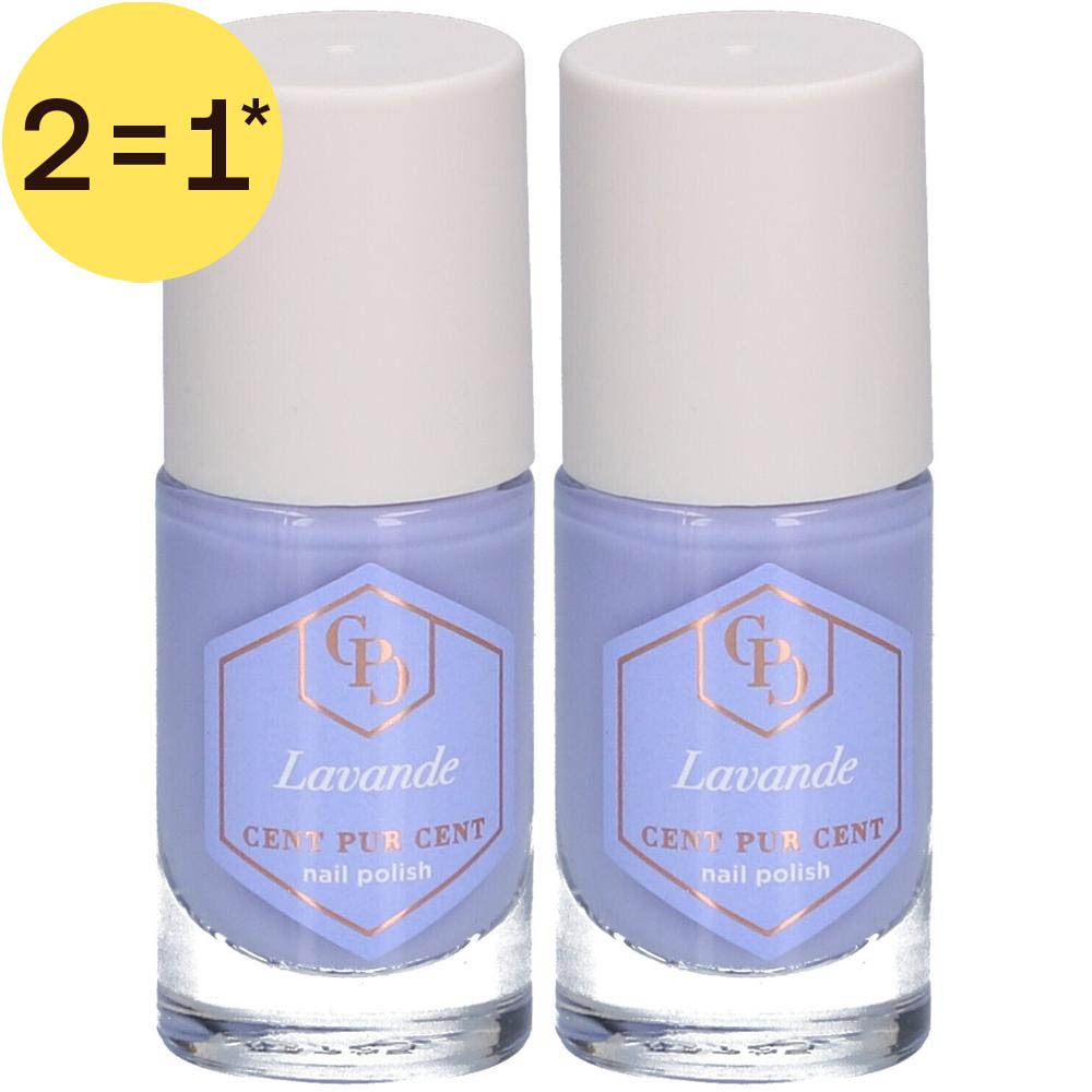 Deux flacons de vernis à ongles lavande avec bouchons blancs. Étiquette indiquant 'Lavande' et 'Cent Pur Cent'.