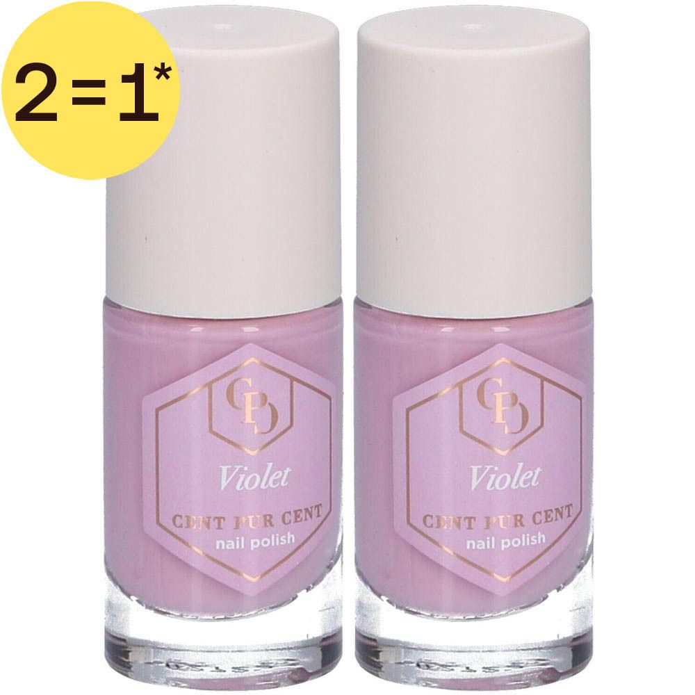 Twee flesjes violet nagellak met witte dopjes en etiketten.