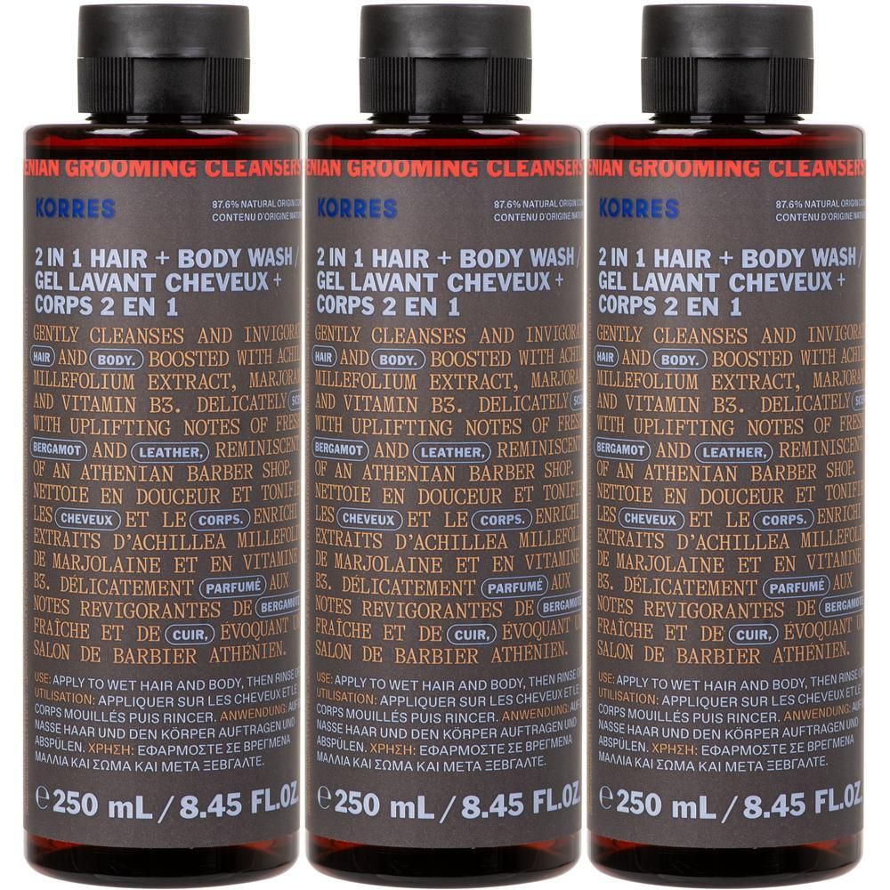 Drie flessen Korres 2-in-1 Haar + Body Wash, 250 ml.