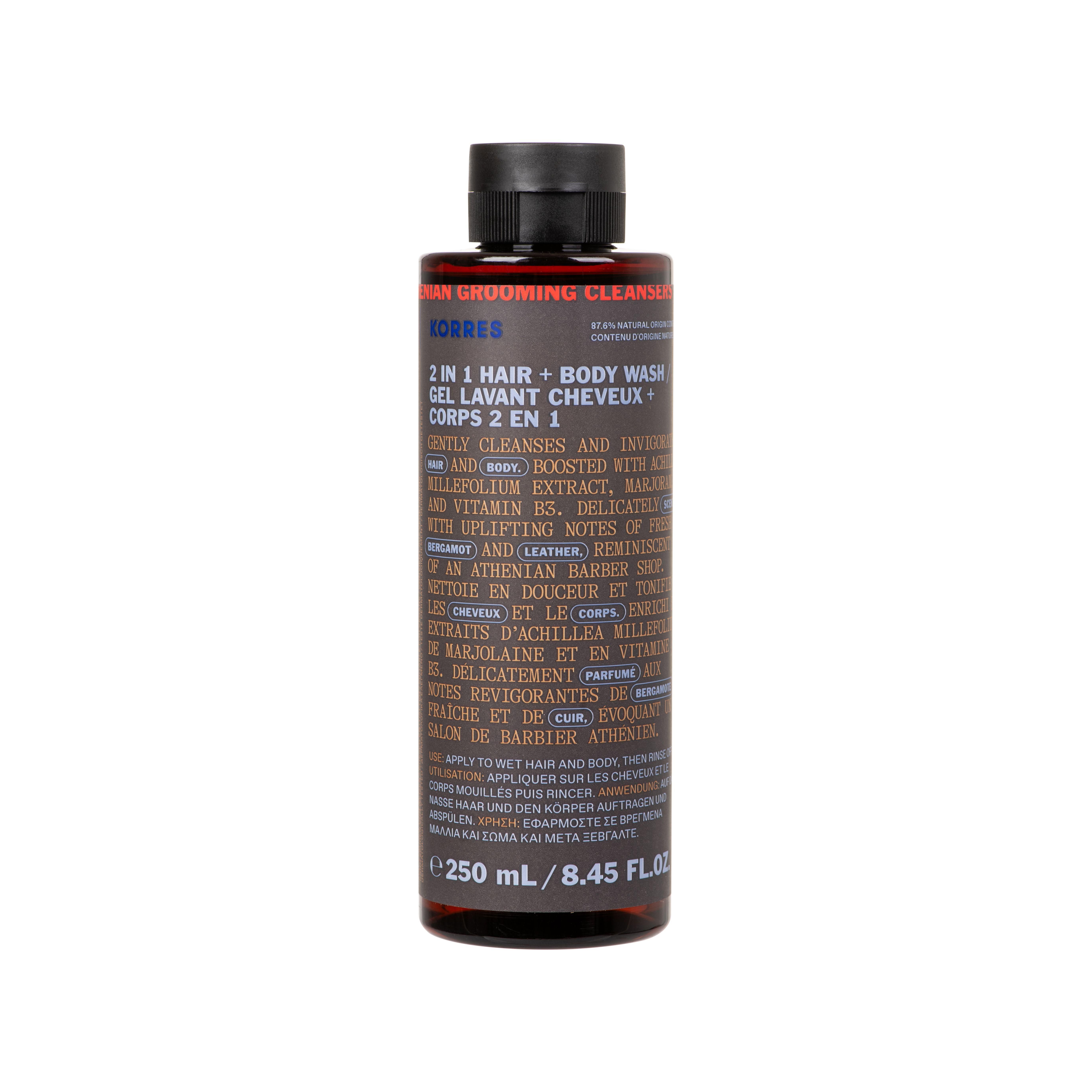 Korres 2-in-1 haar- en bodywash gel in bruine fles met zwarte dop. 250 ml.