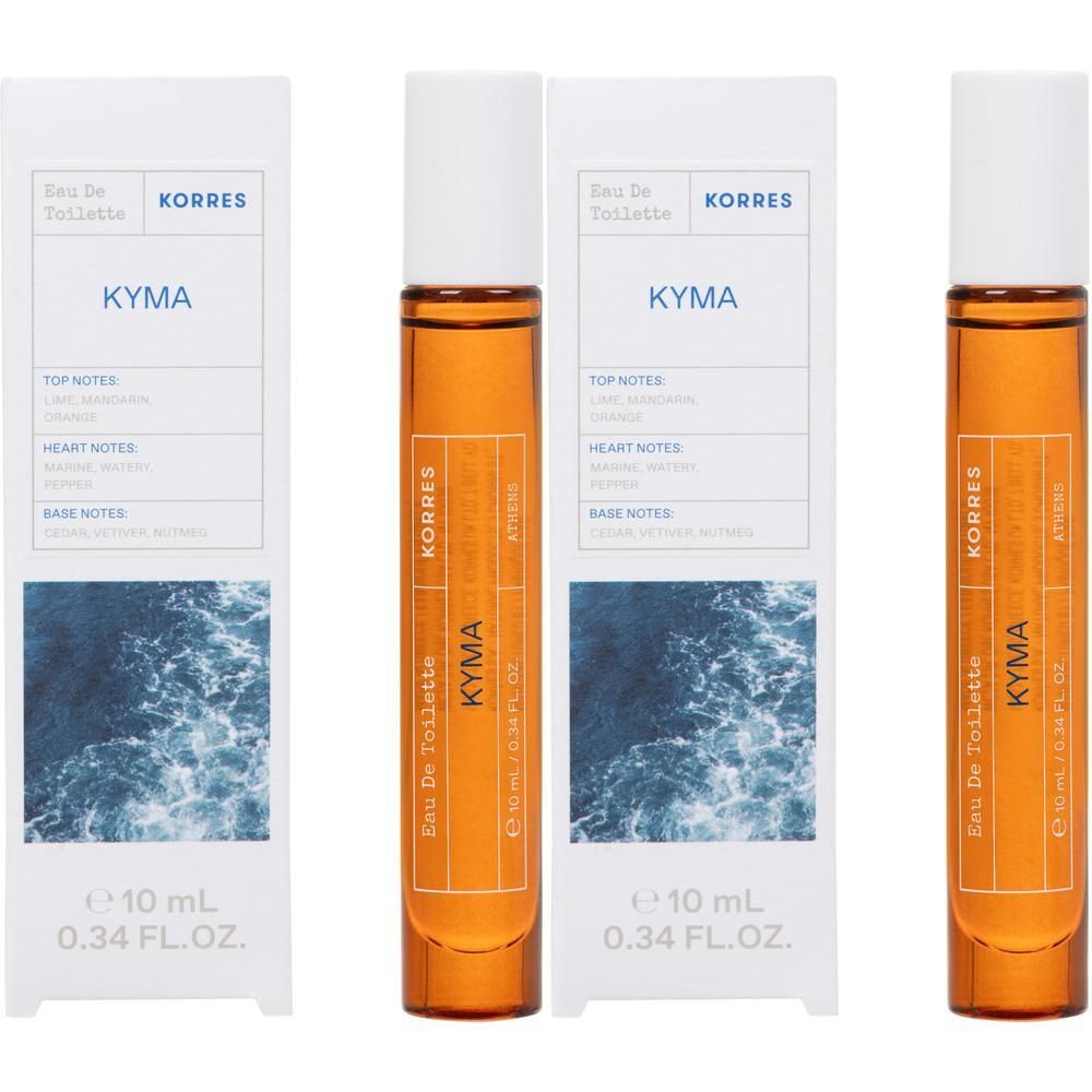 Korres Kyma Eau de Toilette Roll-on, 10ml. Bruine glazen fles met witte dop. Doos met zeegezicht.