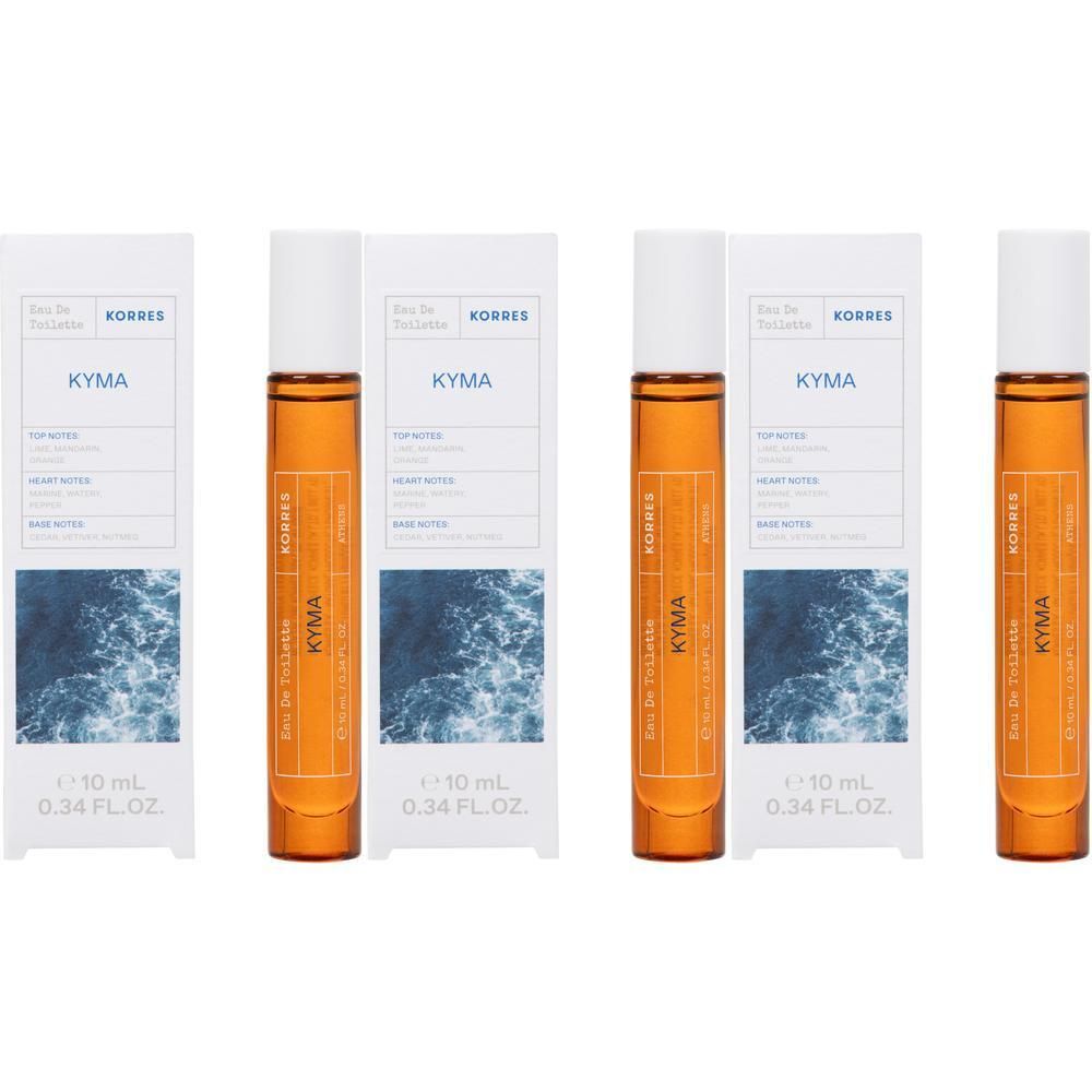 Quatre flacons roll-on Korres Kyma Eau de Toilette de 10 ml chacun.