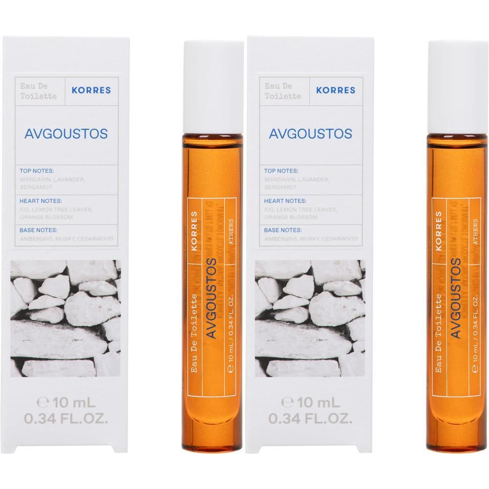 Korres Eau de Toilette Avgoustos, 10ml roll-on flesje met verpakking.