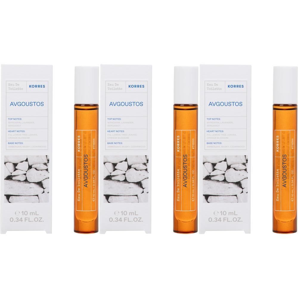 Vier roll-on parfumflesjes van elk 10 ml, verpakt in doosjes met een steenmotief.