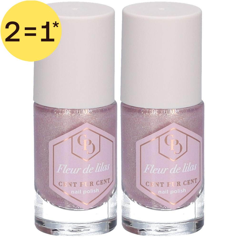 Deux flacons de vernis à ongles rose pâle pailleté. L'étiquette indique 'Fleur de lilas' et 'Cent Pur Cent'.