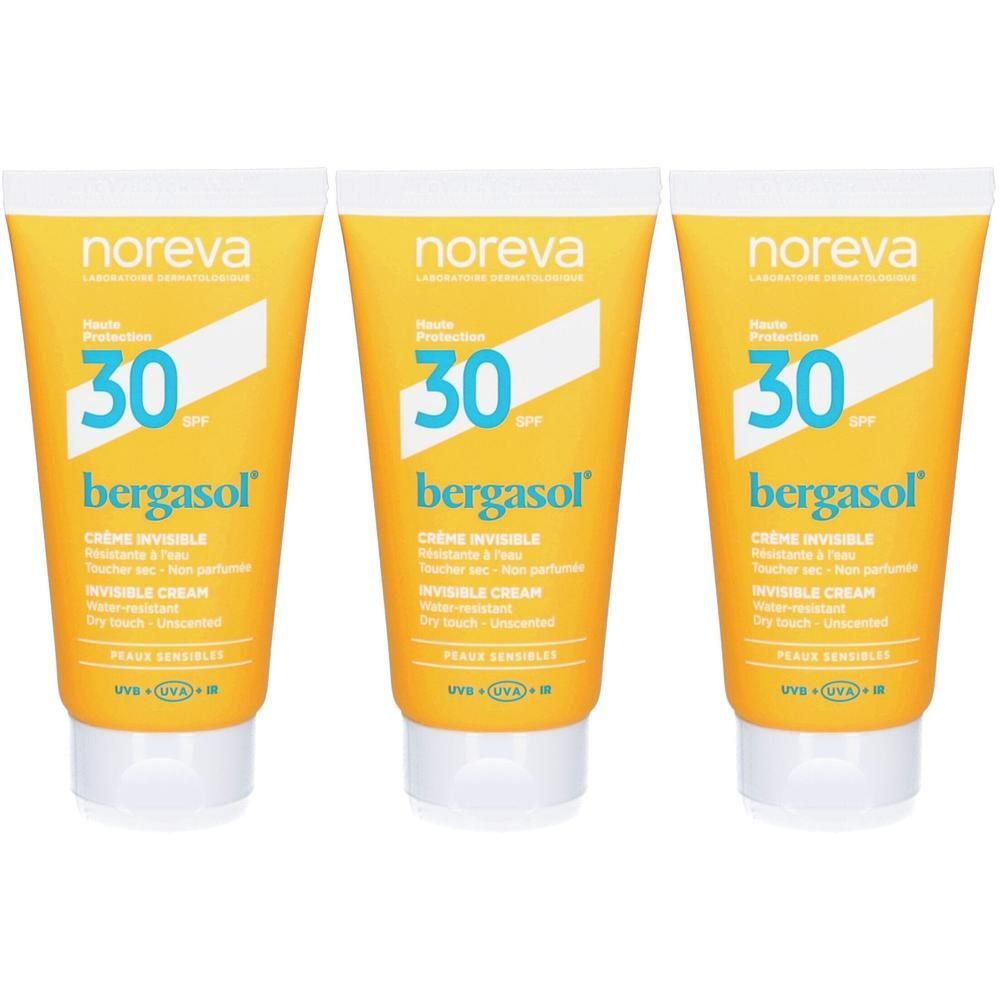 Trois tubes de crème invisible Noreva Bergasol SPF 30 avec étiquette jaune et bouchon blanc.
