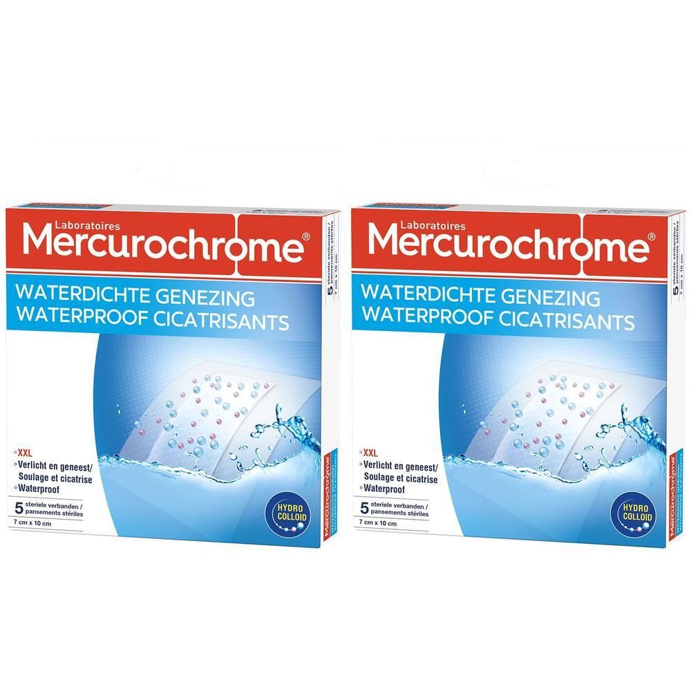 Deux boîtes de pansements Mercurochrome imperméables XXL. Montre un pansement avec technologie Hydro-Colloid.