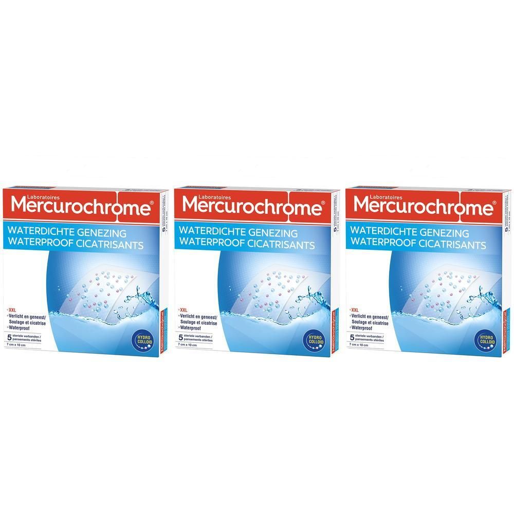 Drie pakken Mercurochrome waterdichte genezende pleisters. Elk pak bevat 5 pleisters.